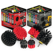 The Drillbrush 42O Ultra Stiff Black Grill & Industrial Brush Kit and 42O Stiff Red Outdoor & Patio Brush Kit in front of the boxes they come in.