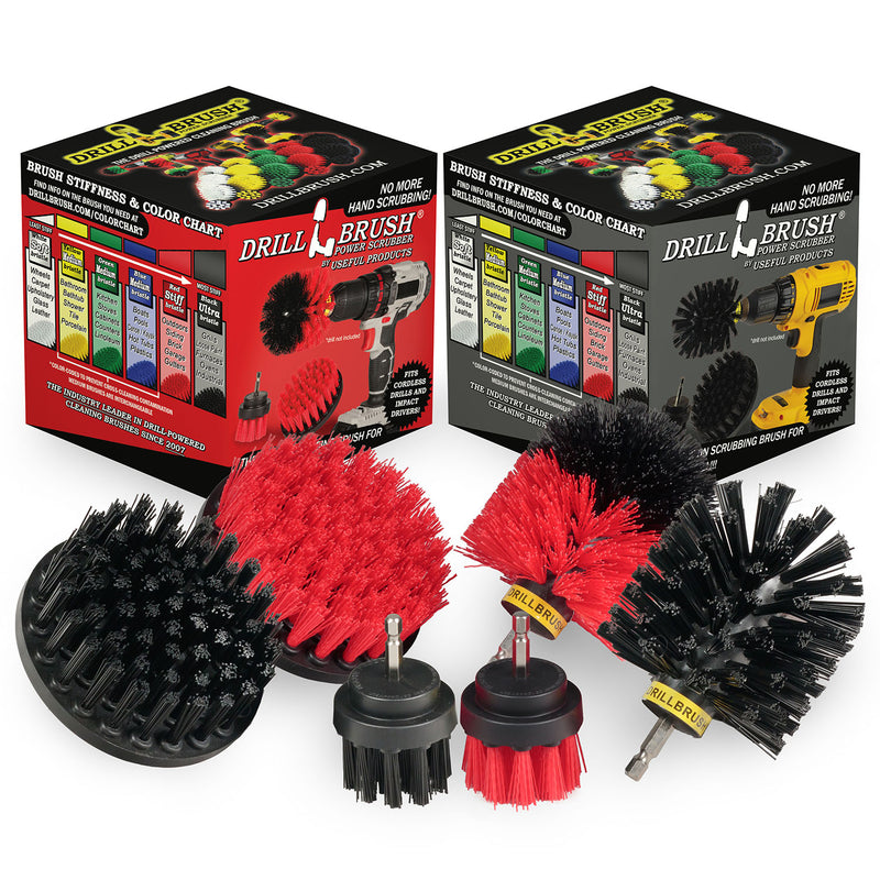 The Drillbrush 42O Ultra Stiff Black Grill & Industrial Brush Kit and 42O Stiff Red Outdoor & Patio Brush Kit in front of the boxes they come in.