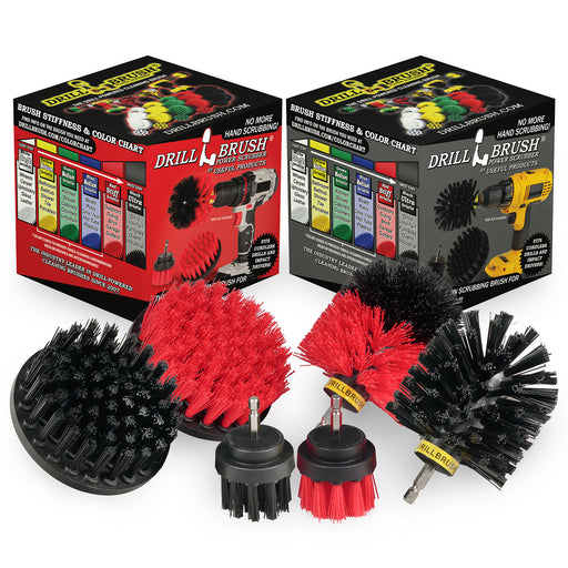 The Drillbrush 42O Ultra Stiff Black Grill & Industrial Brush Kit and 42O Stiff Red Outdoor & Patio Brush Kit in front of the boxes they come in.