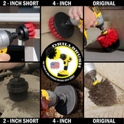 Drillbrush action shots of a Stiff Red 2 inch Short brush scrubbing deck railing, a Stiff Red 4 inch cleaning siding, a Stiff Red Original scrubbing deck stairs, an Ultra Stiff Black 2 inch Short cleaning an engine block, an Ultra Stiff 4 inch brush cleaning gristle under a deck hood, and an Ultra Stiff Black Original brush clearing dirt out of concrete tiles.