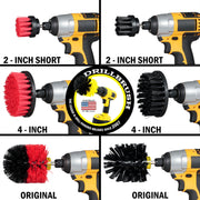 Drillbrush Stiff Red and Ultra Stiff Black 2 inch Short, 4 inch, and Original brushes depicted in cordless drills.