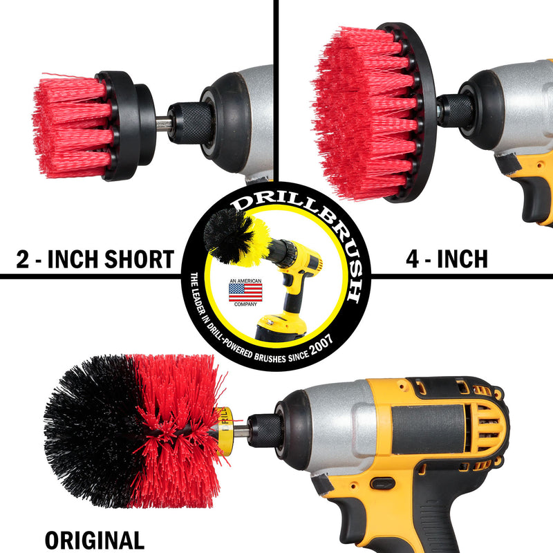 Images of the Drillbrush 2 inch Short, 4 inch, and Original Stiff Red Outdoor & Patio Brushes in cordless drills.