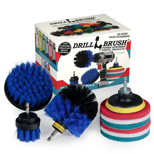 The Medium Blue Drillbrush 42O Marine & Pool Brush Kit with six Variety 4 inch Scrubbing Pads in front of it's packaging.
