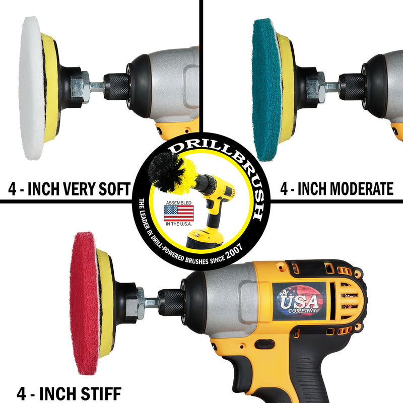The Very Soft White, Moderate Blue, and Stiff Red scrubbing pads in cordless drills.