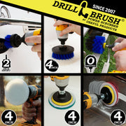 Actions shots of a Medium Blue Original drill brush cleaning a boat ladder, a Medium Blue 4 inch drill brush cleaning the stern of a boat, a Medium Blue 2 inch Short drill brush cleaning boat trim, a Very Soft white scrubbing pad cleaning a window, a Moderate Blue scrubbing pad cleaning a tub, and a Stiff Red scrubbing pad cleaning a sink.