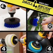 Actions shots of a Medium Blue Original drill brush cleaning a boat ladder, a Medium Blue 4 inch drill brush cleaning the stern of a boat, a Very Soft white scrubbing pad cleaning a mirror, and a Stiff Blue scrubbing pad cleaning a frying pan.