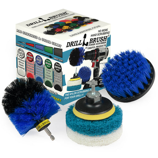 The Medium Blue Drillbrush 4O Marine & Pool Brush Kit with two Variety 4 inch Scrubbing Pads in front of it's packaging.