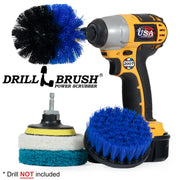 The Medium Blue 4O Marine & Pool Brush Kit with Very Soft and Stiff 4 inch Pads and a 3 inch backer. The Original brush is in a cordless drill.