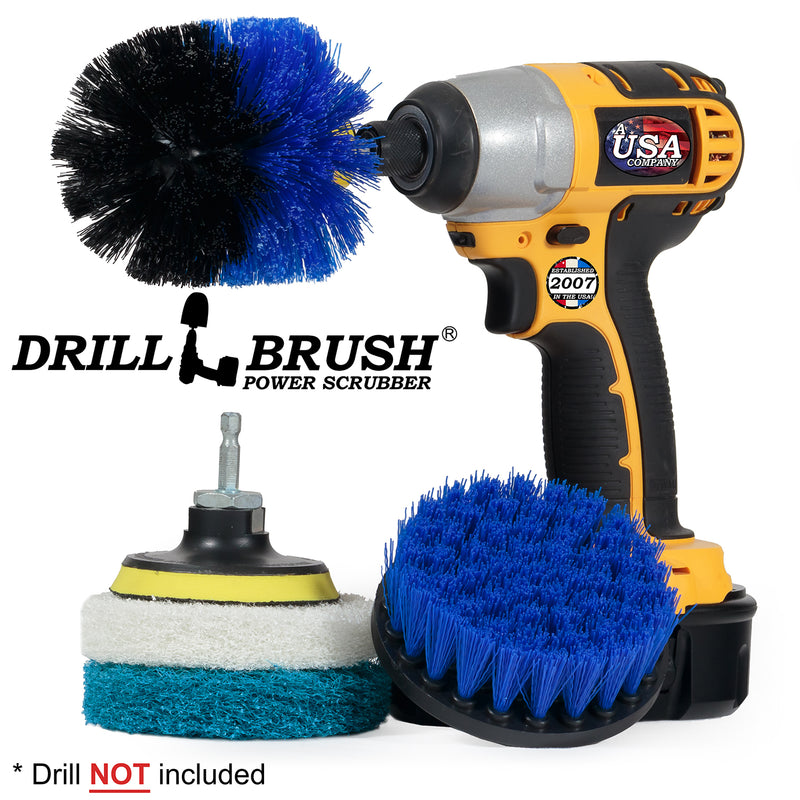 The Medium Blue 4O Marine & Pool Brush Kit with Very Soft and Stiff 4 inch Pads and a 3 inch backer. The Original brush is in a cordless drill.