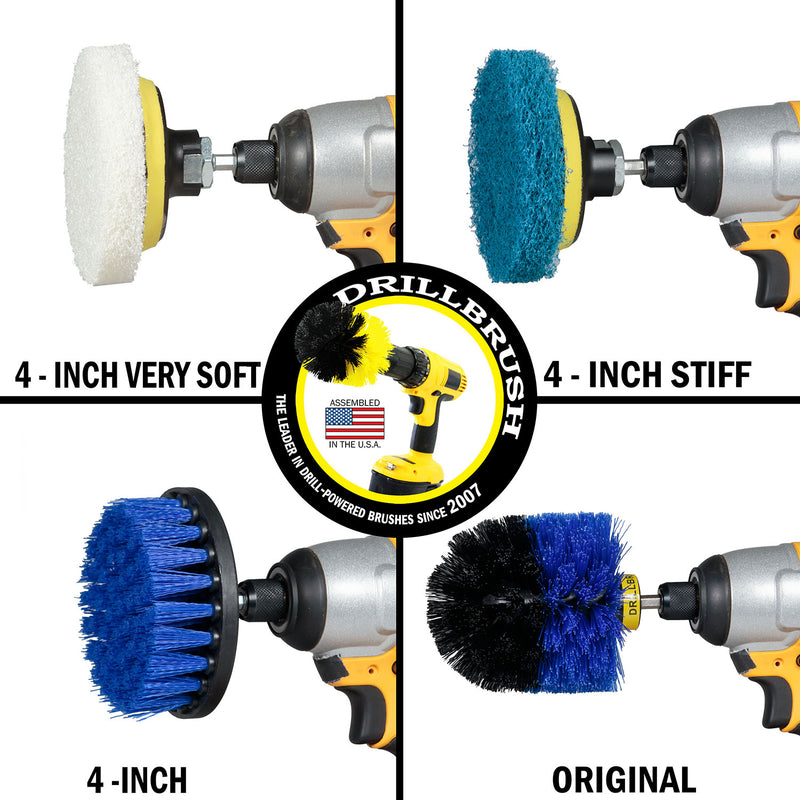 The Medium Blue 4 inch and Original brushes, as well as the Very Soft White and Stiff Blue 4 inch Pads in cordless drills.