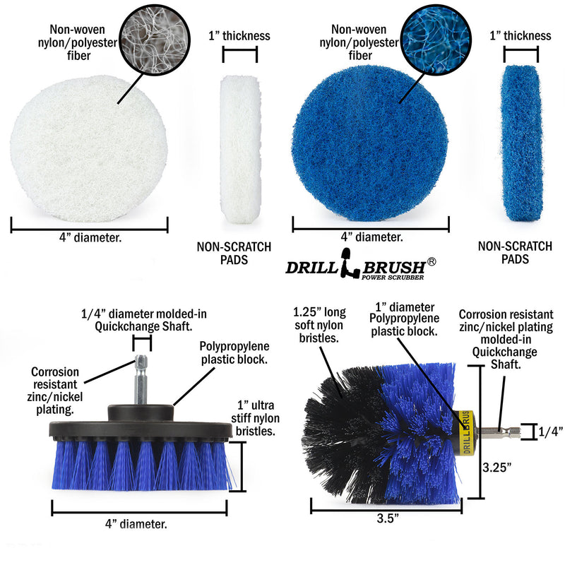 Specs for the Medium Blue Original and 4 inch drill brushes, as well as the Very Soft White and Stiff Blue 4 inch scrubbing pad.