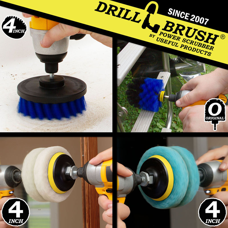 Actions shots of a Medium Blue Original drill brush cleaning a boat ladder, a Medium Blue 4 inch drill brush cleaning the stern of a boat, a Very Soft white and Soft Light Blue scrubbing pads cleaning a mirror.