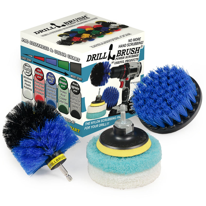 The Medium Blue Drillbrush 4O Marine & Pool Brush Kit with two Variety 4 inch Scrubbing Pads in front of it's packaging.