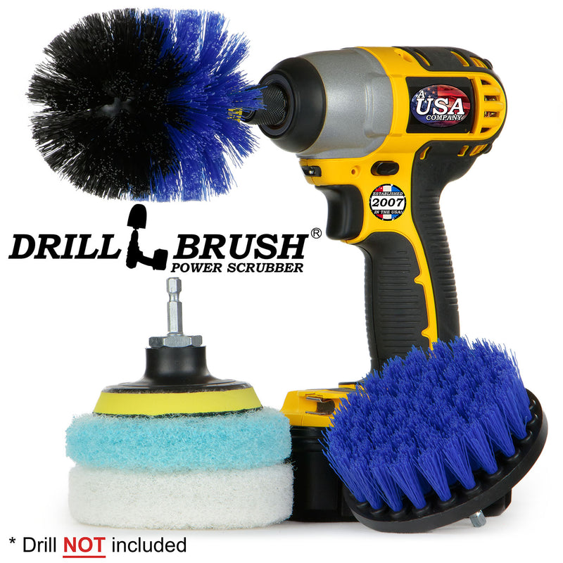 The Medium Blue 4O Marine & Pool Brush Kit with Very Soft and Stiff 4 inch Pads and a 3 inch backer. The Original brush is in a cordless drill.