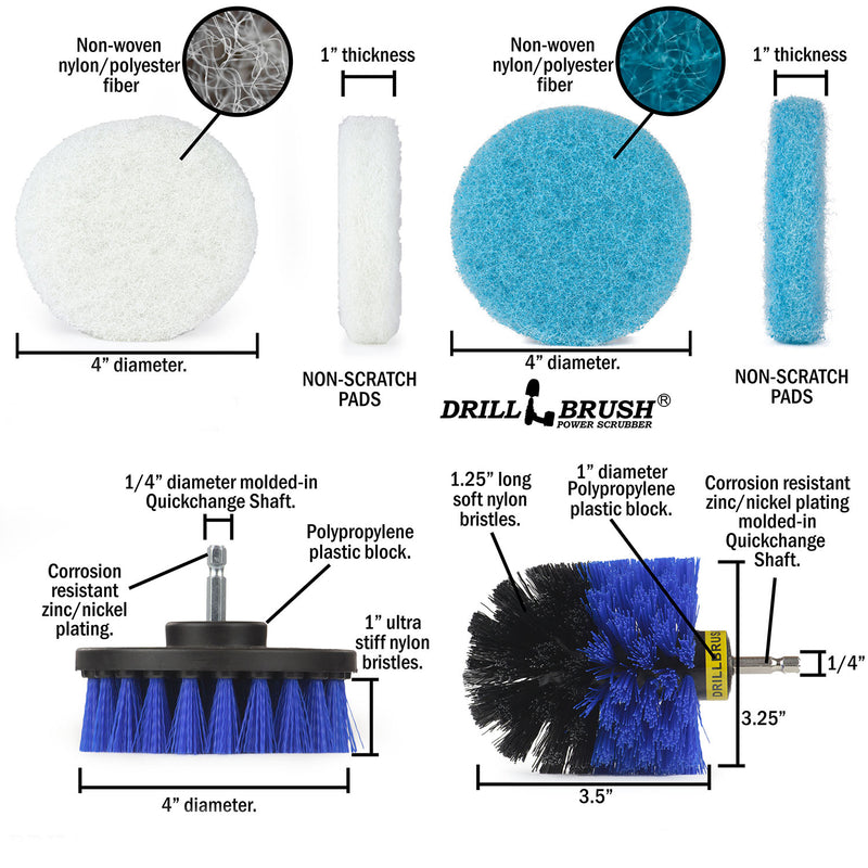 Specs for the Medium Blue Original and 4 inch drill brushes, as well as the Very Soft White and Soft Light Blue 4 inch scrubbing pad.