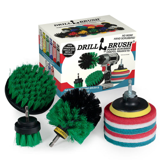 The Medium Green Drillbrush 42O Kitchen Brush Kit with six Variety 4 inch Scrubbing Pads in front of it's packaging.
