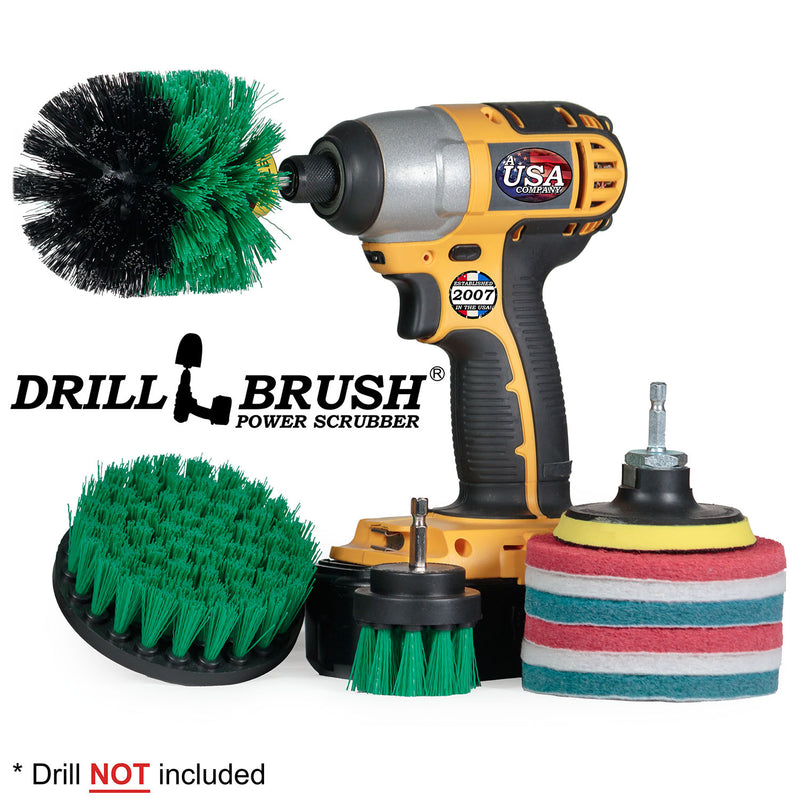 The Medium Green 42O Kitchen Brush Kit with two Very Soft, two Moderate, and two Stiff 4 inch Pads and a 3 inch backer. The Original brush is in a cordless drill.