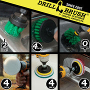 Actions shots of a Medium Green Original drill brush cleaning a drain, a Medium Green 4 inch drill brush cleaning a sink, a Medium Green 2 inch Short drill brush cleaning around a sink, a Very Soft white scrubbing pad cleaning a window, a Moderate Blue scrubbing pad cleaning a tub, and a Stiff Red scrubbing pad cleaning a sink.