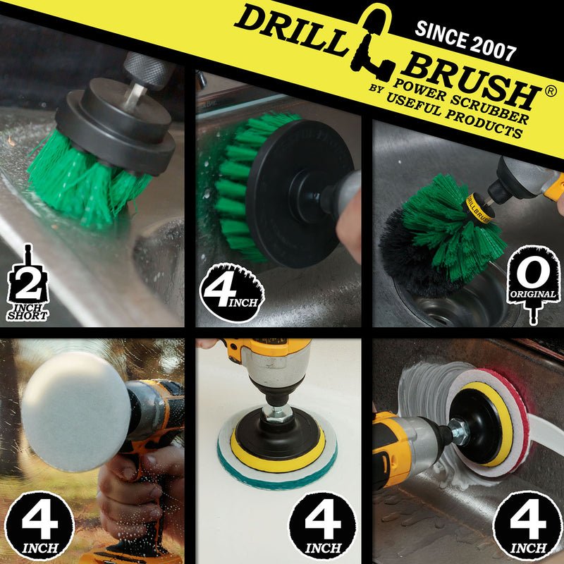 Actions shots of a Medium Green Original drill brush cleaning a drain, a Medium Green 4 inch drill brush cleaning a sink, a Medium Green 2 inch Short drill brush cleaning around a sink, a Very Soft white scrubbing pad cleaning a window, a Moderate Blue scrubbing pad cleaning a tub, and a Stiff Red scrubbing pad cleaning a sink.