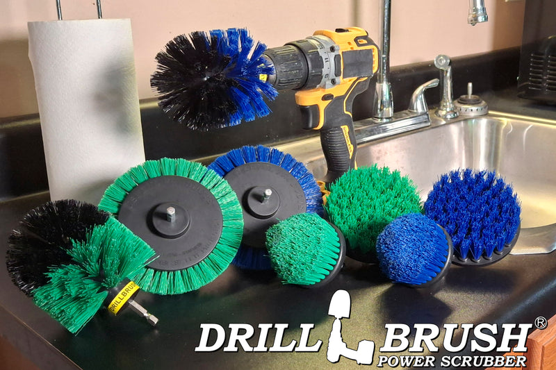 8-piece Medium Green and Blue E4CO Bundle Kit - Medium Bristles - Kitchen, Marine, Pool, and Pet Cleaning | S-GE4CO-BE4CO-QC-DB