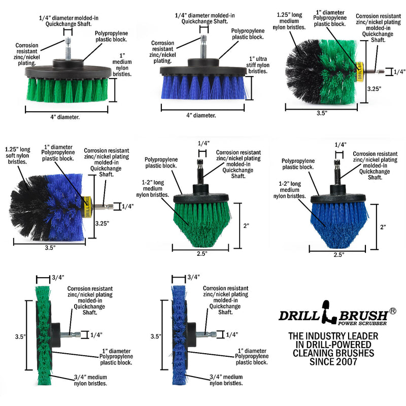 8-piece Medium Green and Blue E4CO Bundle Kit - Medium Bristles - Kitchen, Marine, Pool, and Pet Cleaning | S-GE4CO-BE4CO-QC-DB