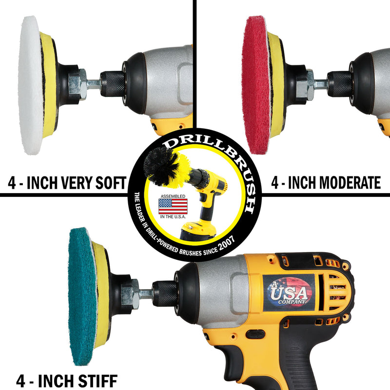 The Very Soft White, Moderate Red, and Stiff Blue scrubbing pads in cordless drills.