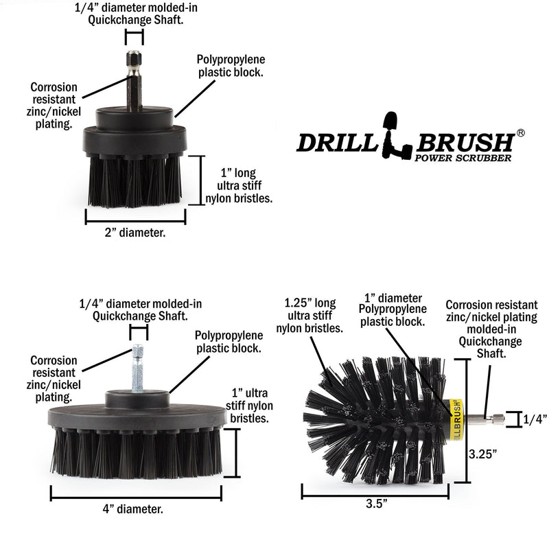 Specs for the Ultra Stiff Black Original, 4 inch, and 2 inch Short drill brushes.