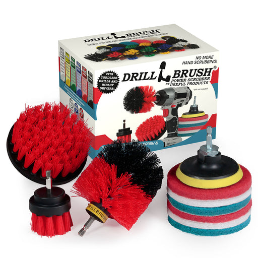 The Stiff Red Drillbrush 42O Outdoor & Patio Brush Kit with six Variety 4 inch Scrubbing Pads in front of it's packaging.