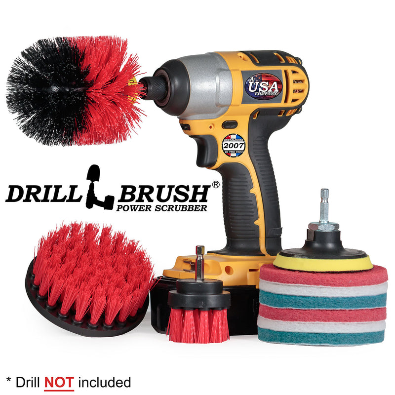 The Stiff Red 42O Outdoor & Patio Brush Kit with two Very Soft, two Moderate, and two Stiff 4 inch Pads and a 3 inch backer. The Original brush is in a cordless drill.