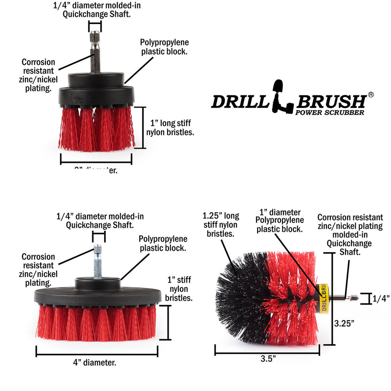 Specs for the Stiff Red Original, 4 inch, and 2 inch Short drill brushes.