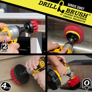 Actions shots of a Stiff Red Original drill brush cleaning deck stairs, a Stiff Red 4 inch drill brush cleaning siding, a Stiff Red 2 inch Short drill brush cleaning a fence railing, and a Moderate Red scrubbing pad cleaning a sink.