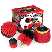 The Stiff Red Drillbrush 42O Outdoor & Patio Brush Kit with three Moderate Red 4 inch Scrubbing Pads in front of it's packaging.
