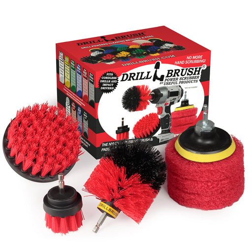 The Stiff Red Drillbrush 42O Outdoor & Patio Brush Kit with three Moderate Red 4 inch Scrubbing Pads in front of it's packaging.