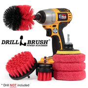 The Stiff Red 42O Outdoor & Patio Brush Kit with three Moderate Red 4 inch Pads and a 3 inch backer. The Original brush is in a cordless drill.