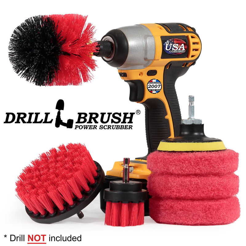 The Stiff Red 42O Outdoor & Patio Brush Kit with three Moderate Red 4 inch Pads and a 3 inch backer. The Original brush is in a cordless drill.