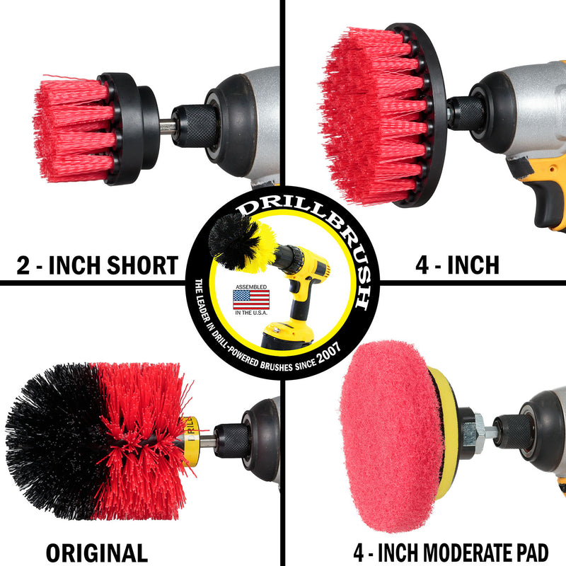The Stiff Red 2 inch Short, 4 inch, and Original brushes, as well as the Moderate Red 4 inch Pad in cordless drills.