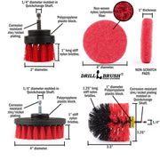 Specs for the Stiff Red Original, 4 inch, and 2 inch Short drill brushes, as well as the Moderate Red 4 inch pad.