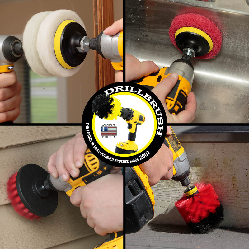 Actions shots of a Stiff Red Original drill brush cleaning deck stairs, a Stiff Red 4 inch drill brush cleaning vinyl siding, a Very Soft white scrubbing pad cleaning a mirror, and a Moderate Red scrubbing pad cleaning a sink.