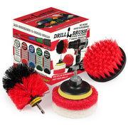 The Stiff Red Drillbrush 4O Outdoor & Patio Brush Kit with two Variety 4 inch Scrubbing Pads in front of it's packaging.