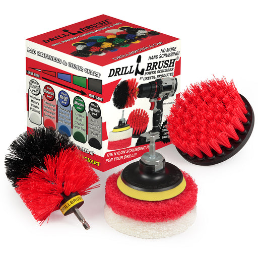 The Stiff Red Drillbrush 4O Outdoor & Patio Brush Kit with two Variety 4 inch Scrubbing Pads in front of it's packaging.
