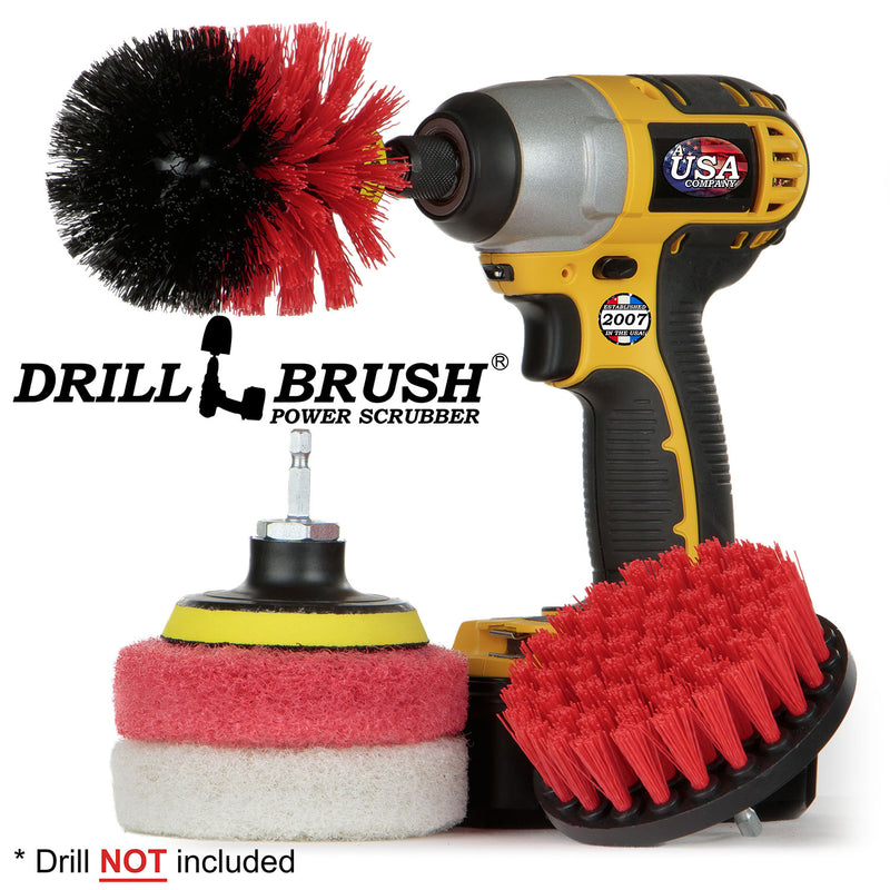 The Stiff Red 4O Outdoor & Patio Brush Kit with Very Soft and Moderate 4 inch Pads and a 3 inch backer. The Original brush is in a cordless drill.