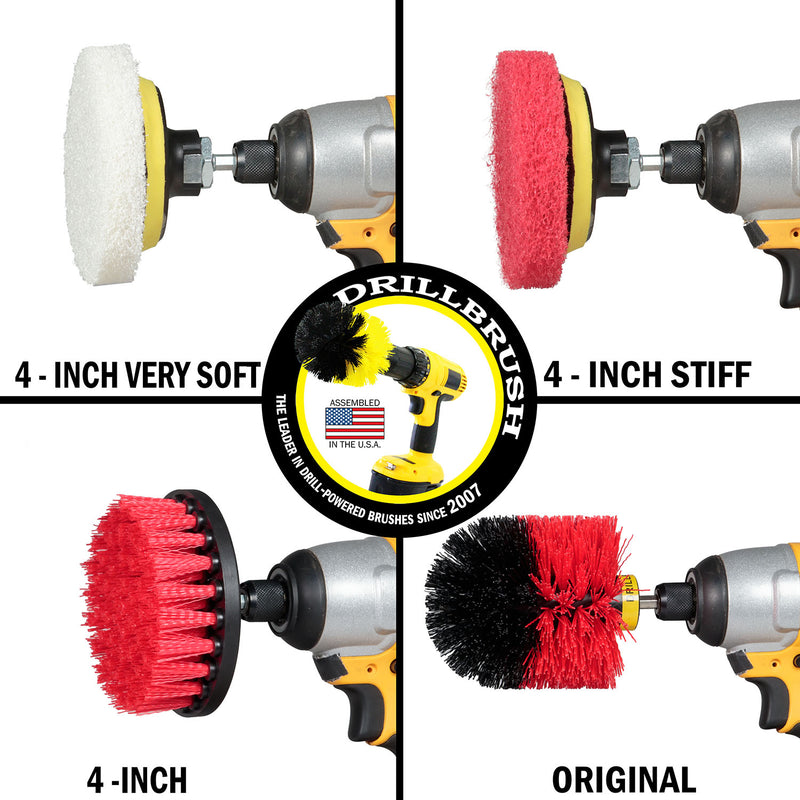 The Stiff Red 4 inch and Original brushes, as well as the Very Soft White and Moderate Red 4 inch Pads in cordless drills.