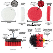 Specs for the Stiff Red Original and 4 inch drill brushes, as well as the Very Soft White and Moderate Red 4 inch scrubbing pad.