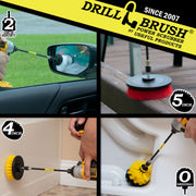 Action shots of a Medium Yellow Original brush in a 7 inch extension cleaning the base of a toilet, a Soft White 2 inch Short Drillbrush in a 7 inch extension cleaning a side mirror, a Medium Yellow 4 inch Drillbrush in a 7 inch extension cleaning the outside of a tub, and a Stiff Red 5 inch Drillbrush 7 inch extension cleaning a deck railing.