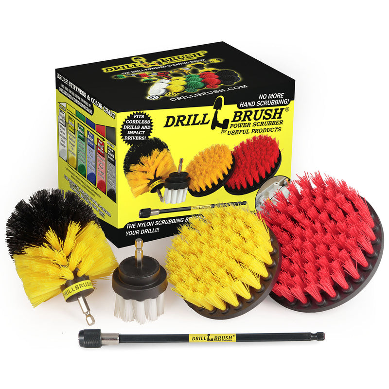 The Drillbrush 542O-7X Variety Brush Kit in front of the box it comes in.