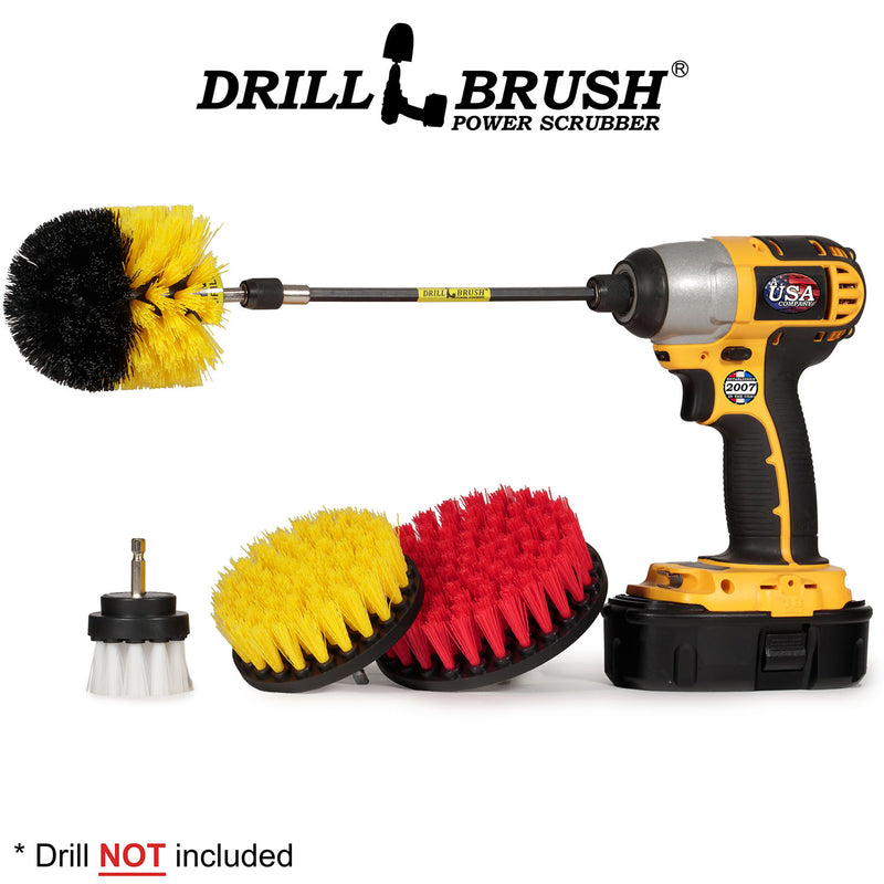 Drillbrush 542O-7X Variety Brush Kit with a Yellow Medium Original brush in a 7 inch extension in a cordless drill.
