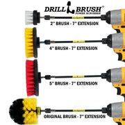 Images of the Drillbrush Soft White 2 inch Short, Medium Yellow 4 inch and Original, and a Stiff Red 5 inch Variety Brushes in 7 inch extensions in cordless drills.