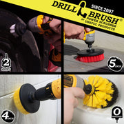 Drillbrush action shots of a Soft White 2 inch Short cleaning tires, a Stiff Red 5 inch brush scrubbing deck stairs, a Medium Yellow 4 inch brush cleaning tile, and a Medium Yellow Original brush scrubbing shower shelving.