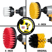 Images of the Drillbrush Soft White 2 inch Short, Medium Yellow 4 inch and Original, and a Stiff Red 5 inch Variety Brushes in cordless drills.