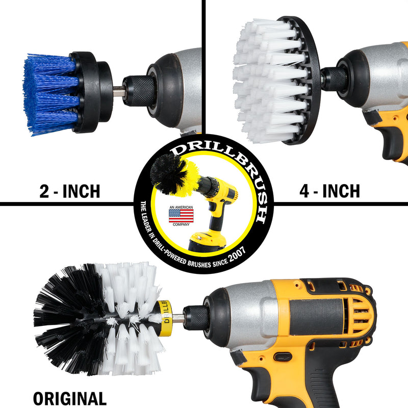 Images of the Drillbrush Medium Blue 2 inch Short, Soft White 4 inch, and Soft White Original Medium Brushes in cordless drills.